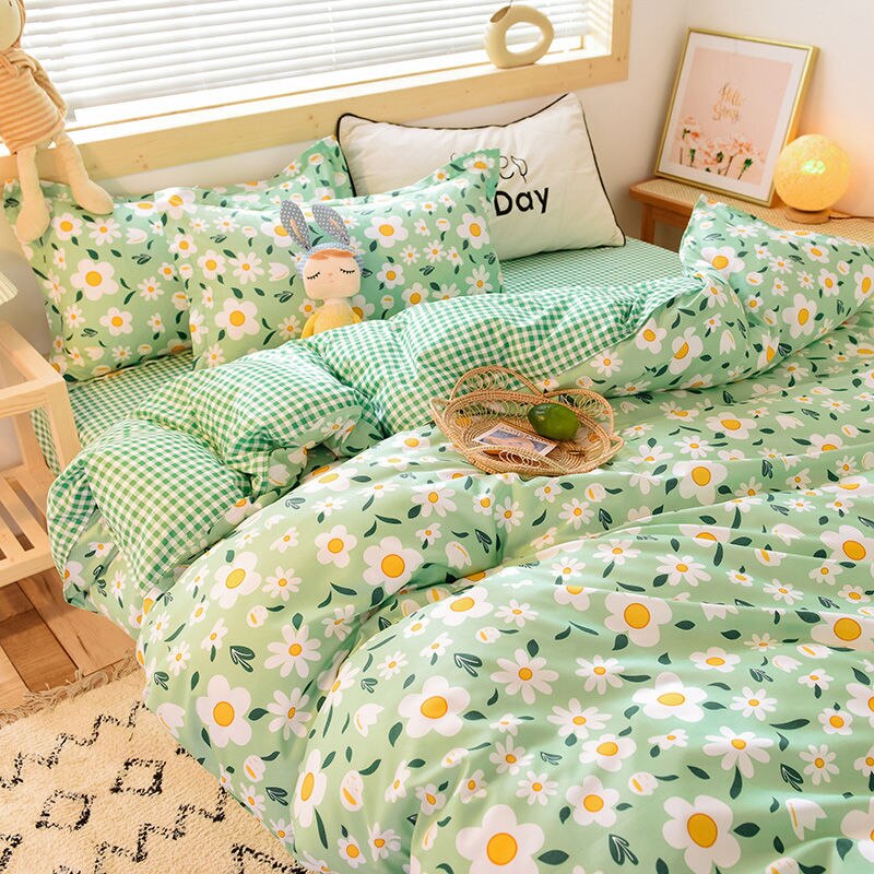 Green Floral Duvet Cover Set, Twin Size