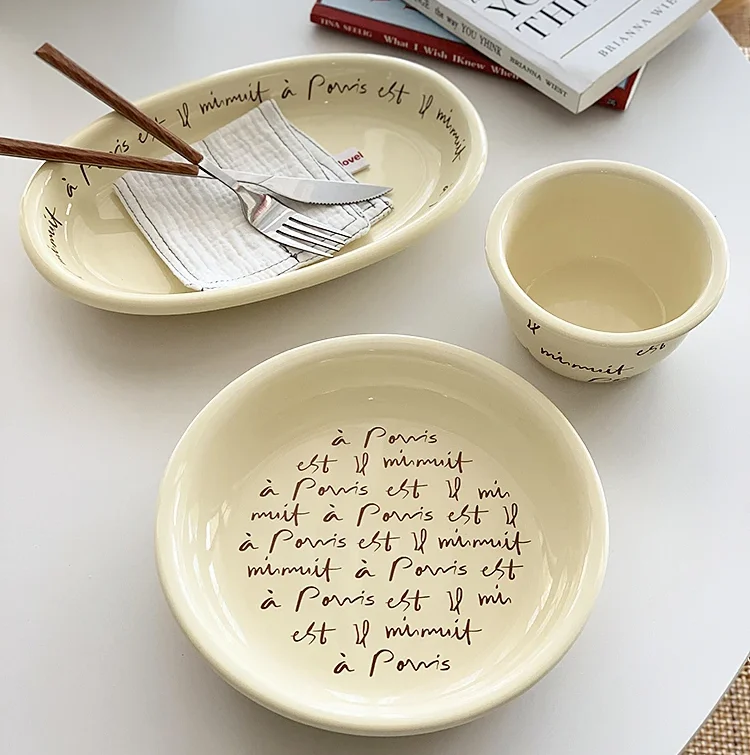 Korean Ins Wind Plate Bowl French Letter Retro Deep Plate