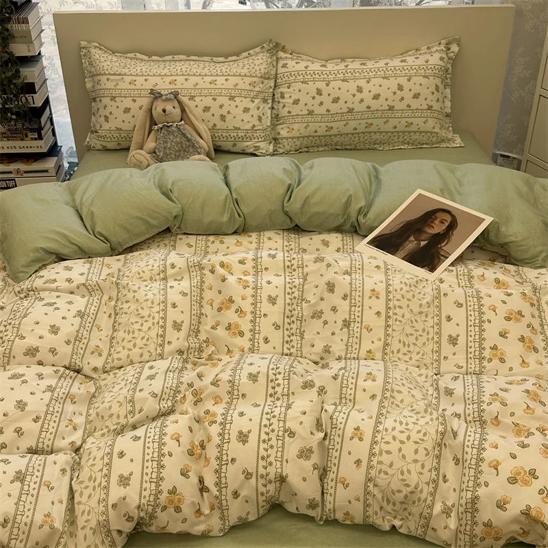Korean Style Green Floral Bedding Set Soft Cartoon Duvet Cover