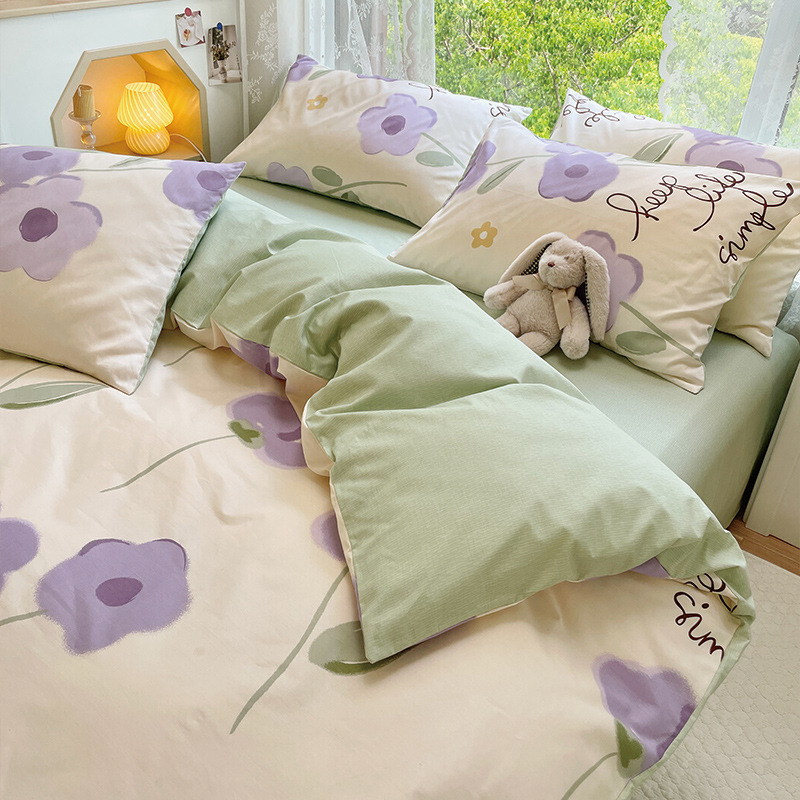 Nordic Style Purple Flowers Duvet Cover Set, 4pcs
